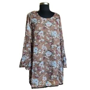 Dee Elle Brown Floral Shift Dress With Bell Sleeves. Size Medium